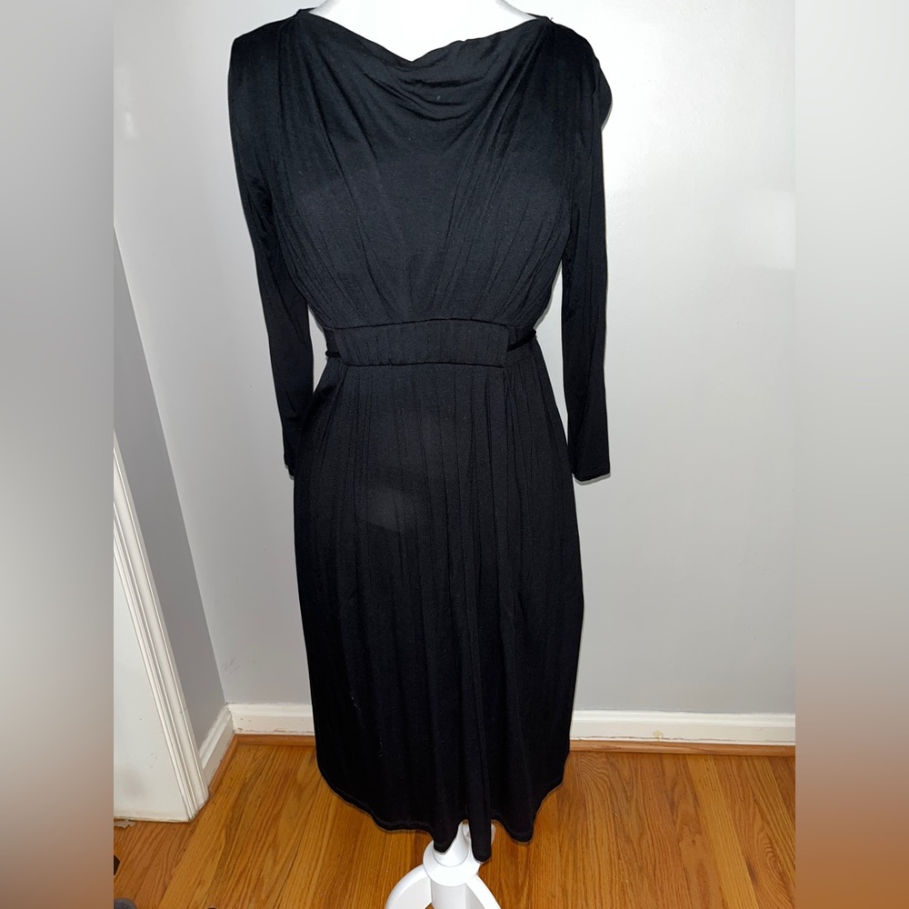 Black knit maternity and nursing dress with draped front